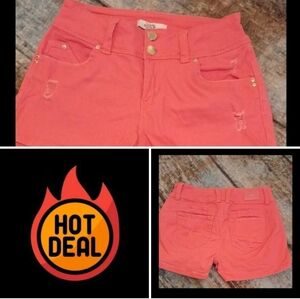 YMI JEANS Stylish Coral Jean Shorts with Gold Accents. Size 3